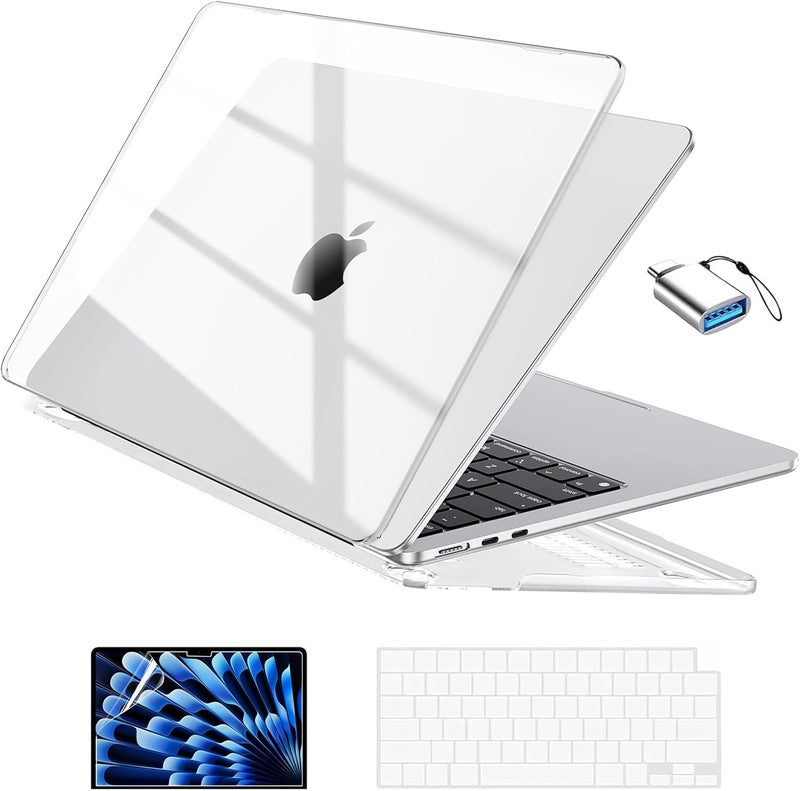 Eoocoo حافظة متوافقة مع ماك بوك إير 13 بوصة 2026 2025-2022 طراز M4 M3 M2 A3240 A3113 A2681، ماك إير 13.6 بوصة شفاف صلب وغطاء لوحة مفاتيح وفيلم شاشة وType-C، كريستال لامع واضح - Image 1